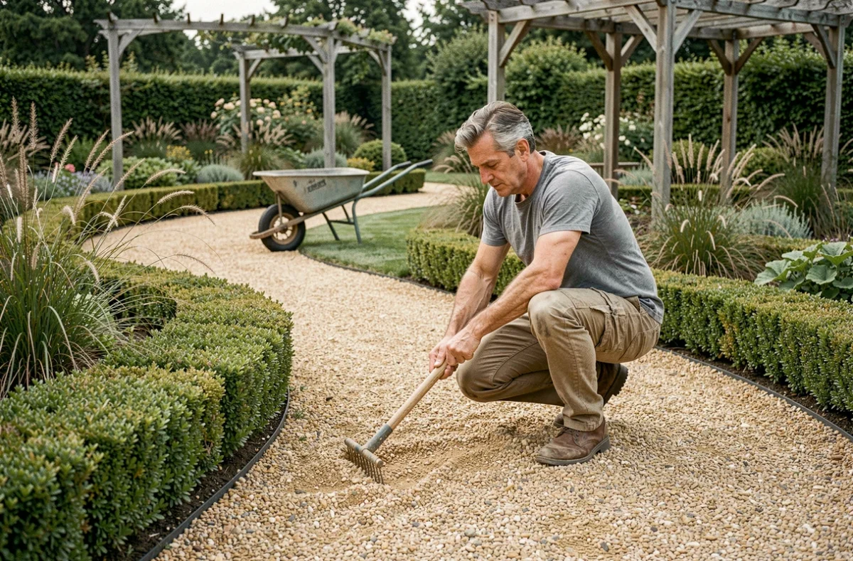 Homme aménageant une allée en gravier dans un jardin paysager avec haies taillées et pergola en bois