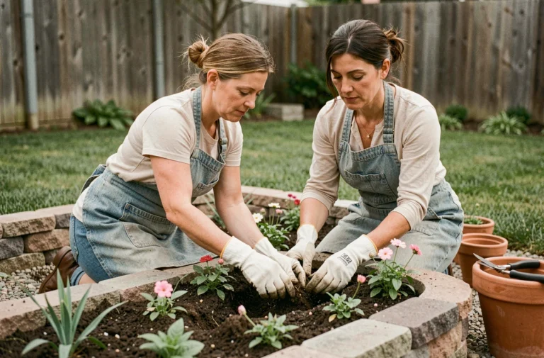 Femme en tablier de jardinage plantant des fleurs vivaces dans un parterre de jardin aménagé avec bordure en pierre