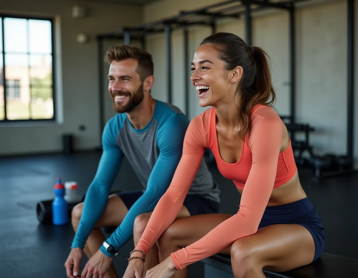Deux amis souriants en tenue de sport après une séance d'entraînement en salle de gym, illustrant le bien-être social et physique lié à la pratique sportive régulière