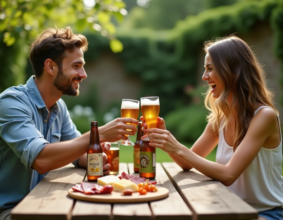 Deux amis trinquant avec des bières sans sulfites lors d'un repas en plein air dans un jardin