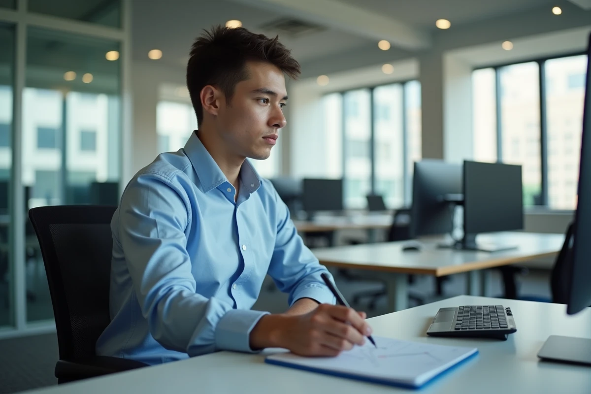 Apprenti de bureau travaillant seul dans un open space d'entreprise, concentré devant son ordinateur en l'absence de collègues