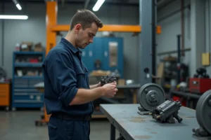 Jeune apprenti travaillant seul dans un atelier automobile, examinant une pièce mécanique avec une expression concentrée