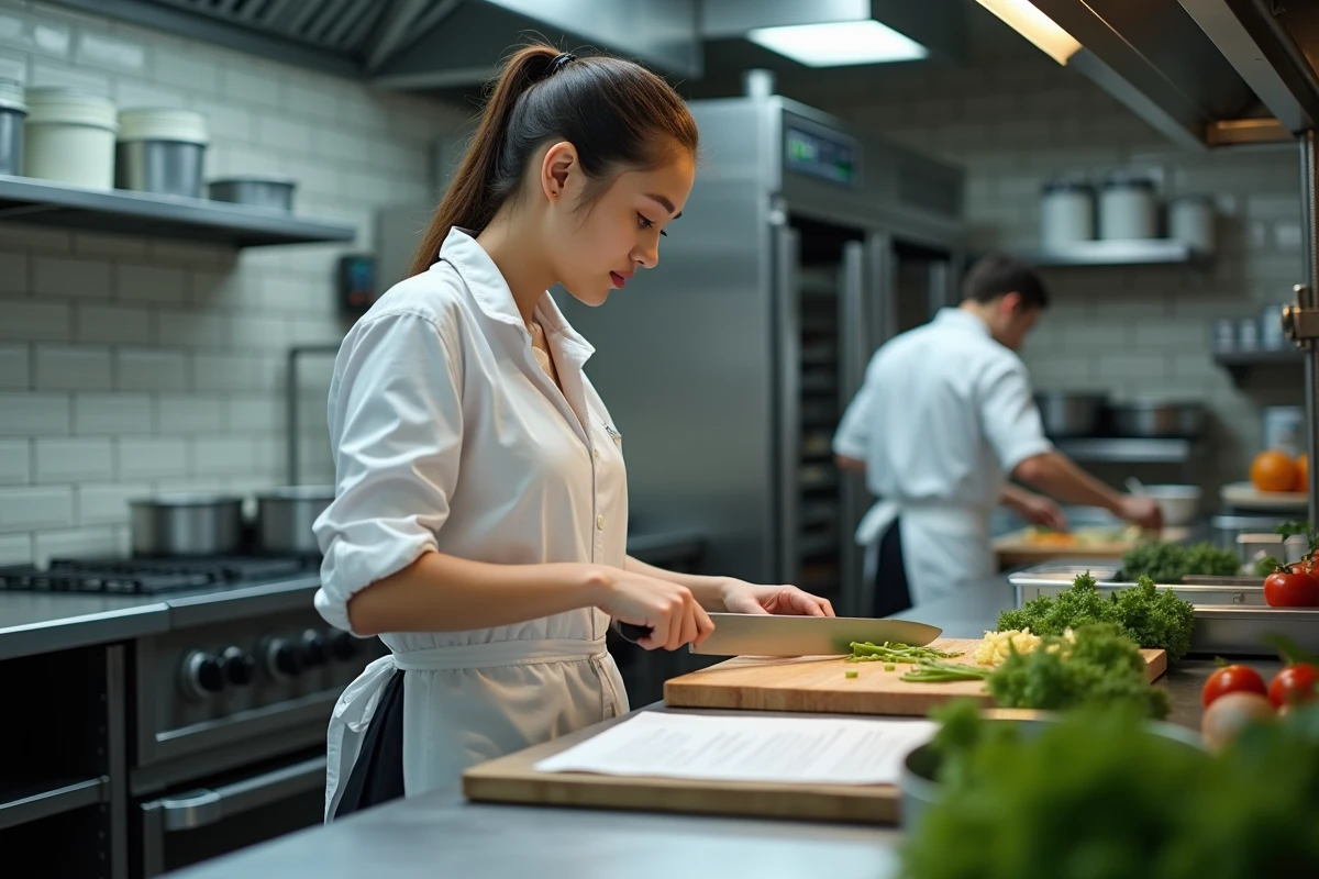 Apprentie cuisinière travaillant seule dans une cuisine professionnelle, préparant des légumes devant un plan de travail en inox
