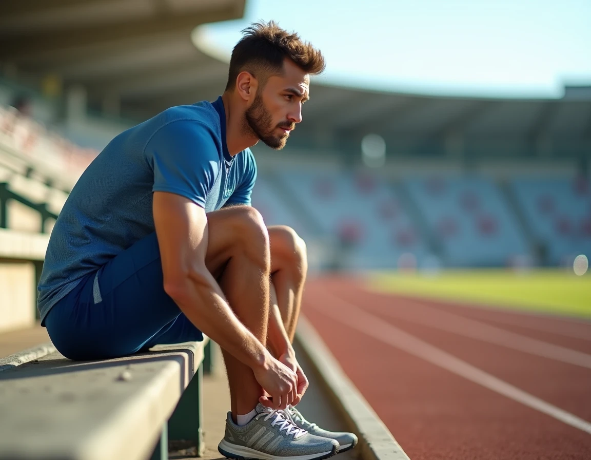 Athlète masculin en tenue de sport attachant ses chaussures sur un banc de stade avant une compétition de la saison