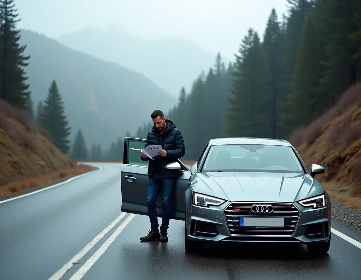 Audi A4 silver garée sur une route de montagne avec un journaliste automobile comparant les moteurs TFSI et TSI