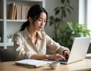 Blogueuse entrepreneuse travaillant sur son ordinateur portable dans un bureau à domicile moderne et épuré
