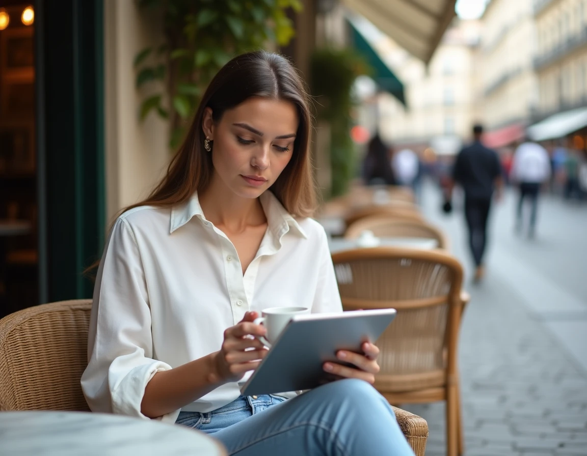 Blogueuse analysant ses statistiques web sur une tablette en terrasse de café parisien