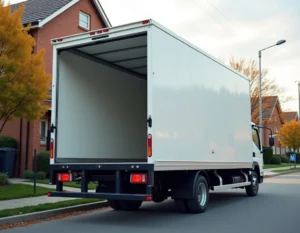 Camion de déménagement 15m3 garé dans une rue résidentielle avec portes arrière ouvertes montrant le volume de chargement