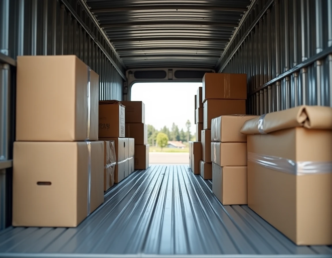 Intérieur d'un camion 15m3 chargé avec des cartons et des meubles emballés illustrant la capacité de transport maximale
