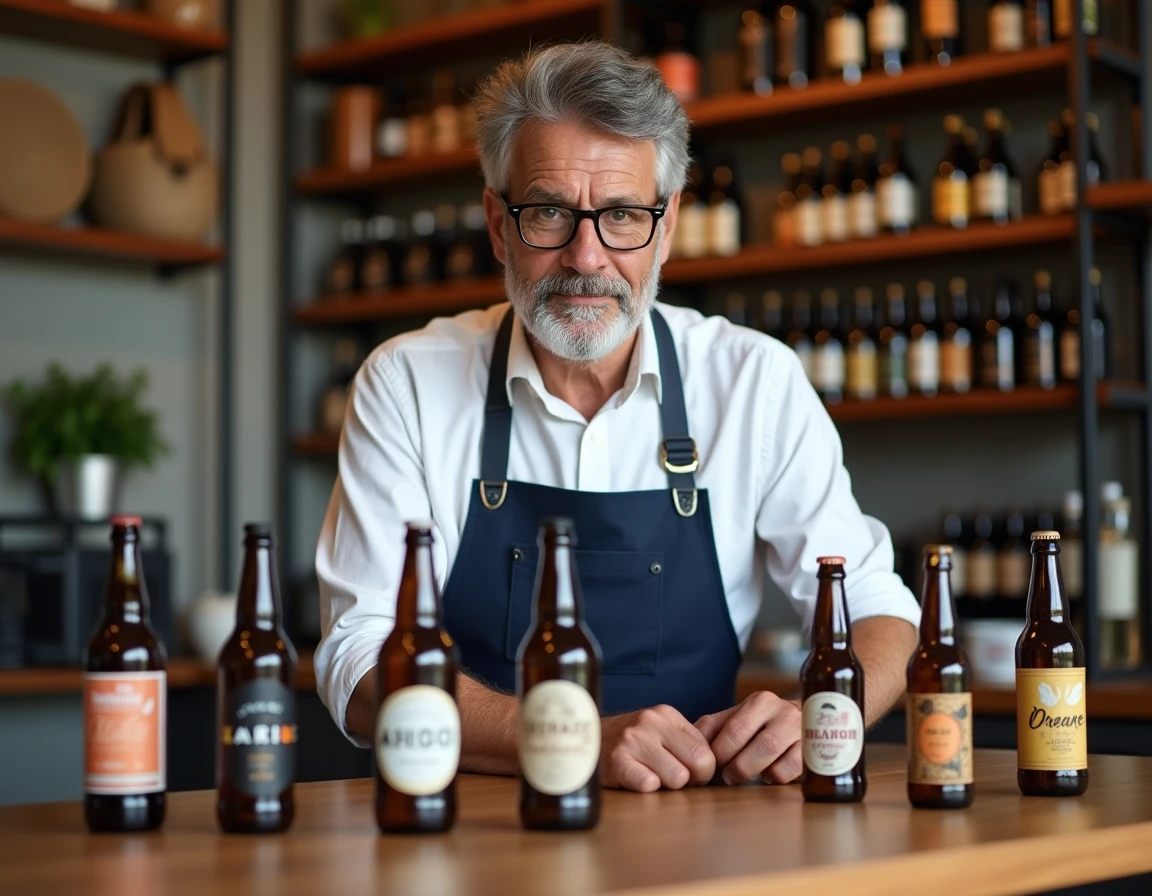 Caviste arrangeant une sélection de bières artisanales sans sulfites dans une boutique spécialisée