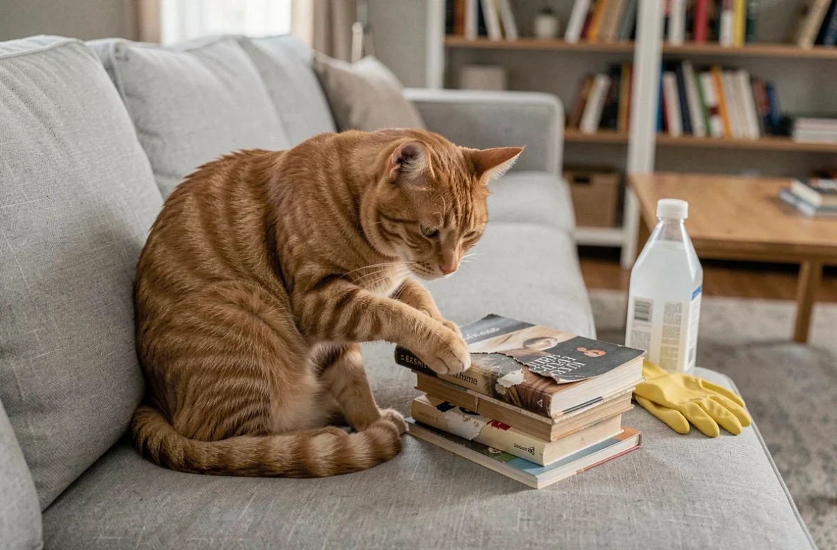 Chat roux assis près de livres abîmés par l'urine sur un canapé gris avec des produits nettoyants posés à côté