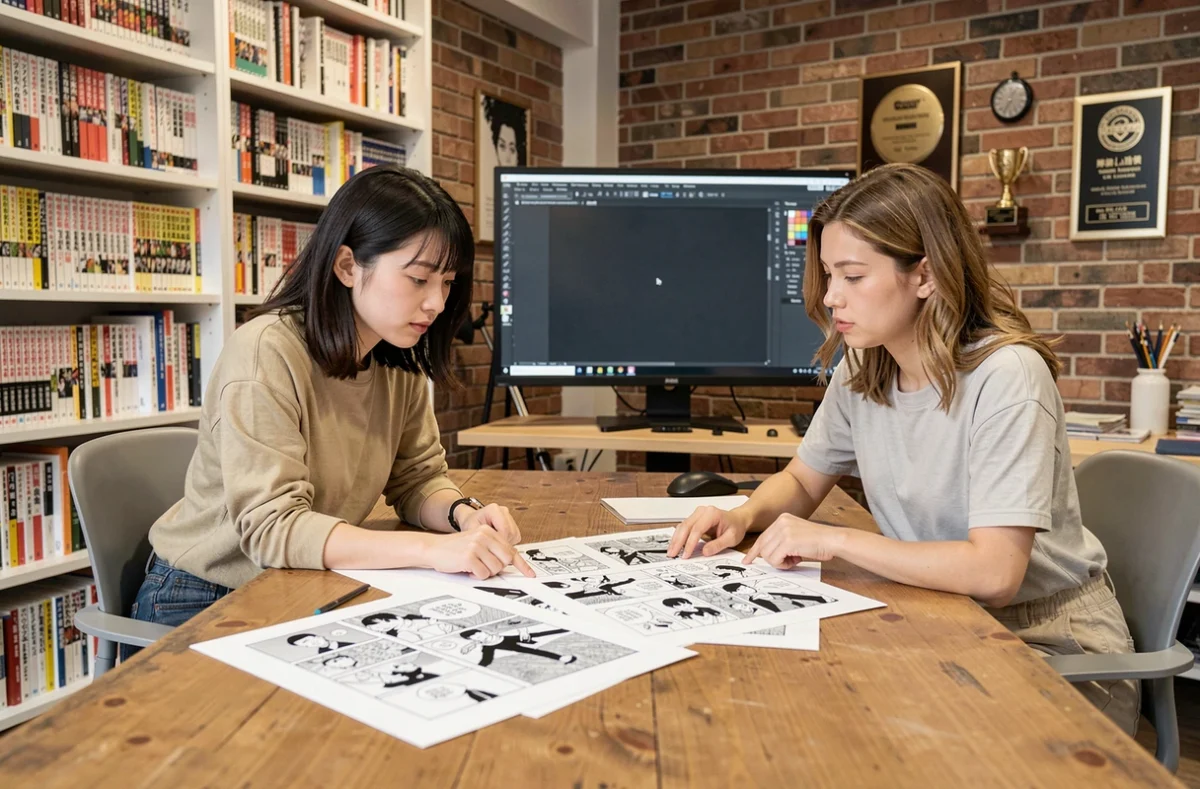 Deux mangakas en collaboration dans un studio professionnel parisien, examinant des épreuves de planches manga lors d'une session de travail éditoriale