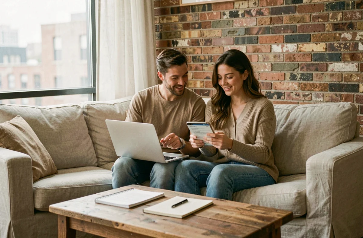 Couple comparant des annonces immobilières sur ordinateur et smartphone dans un salon moderne