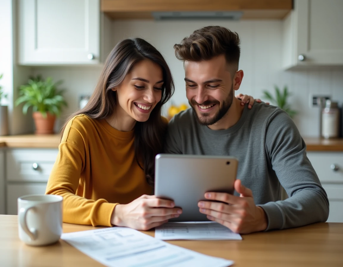Couple comparant des offres bancaires sur tablette pour optimiser leur budget commun