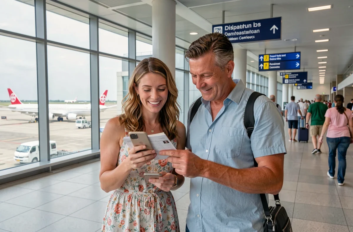 Couple consultant leur itinéraire de voyage organisé via une application spécialisée dans un aéroport