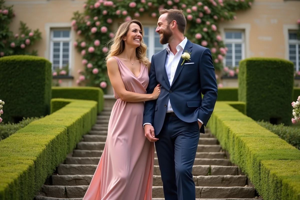 Couple élégant devant un château français historique lors d'une cérémonie de mariage, illustration de l'union et du conjoint de Samantha de Bendern
