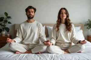 Couple détendu pratiquant la respiration guidée dans la chambre