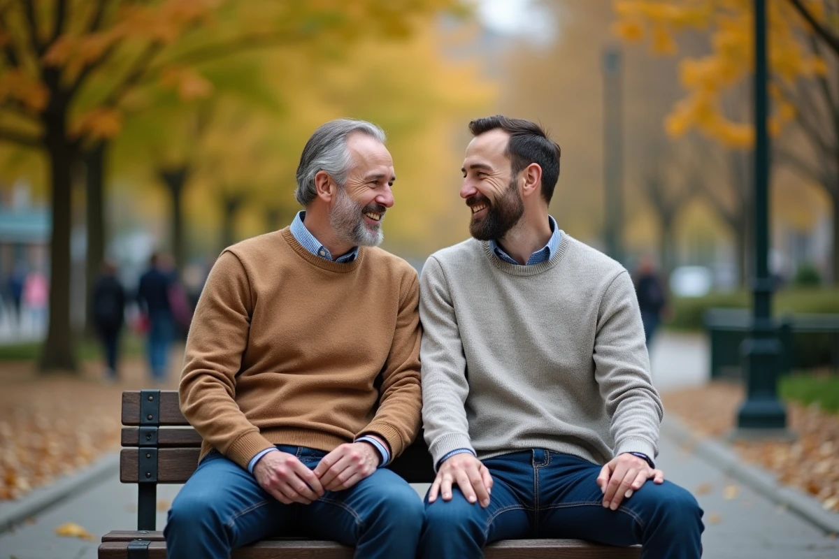 Deux hommes souriants assis sur un banc dans un parc urbain