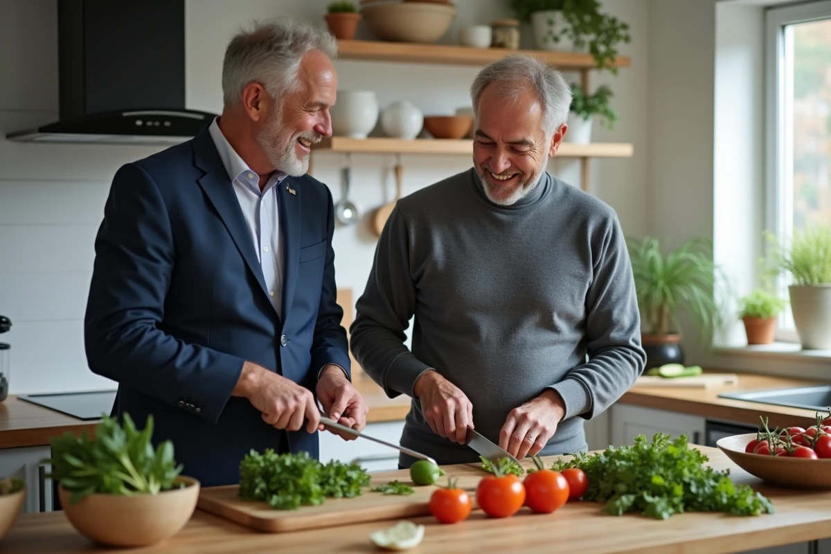 Deux hommes en cuisine préparant un repas ensemble