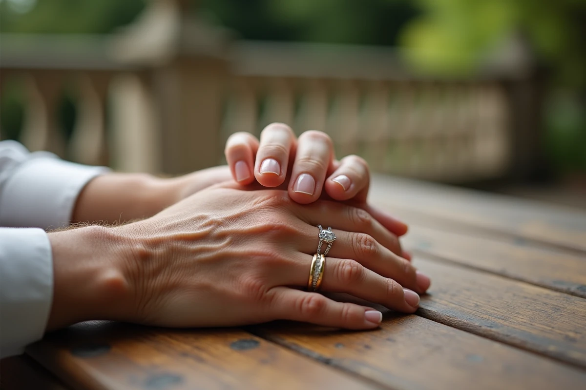 Gros plan sur des mains entrelacées portant une bague de fiançailles et une alliance, symbolisant le mariage et le conjoint de Samantha de Bendern