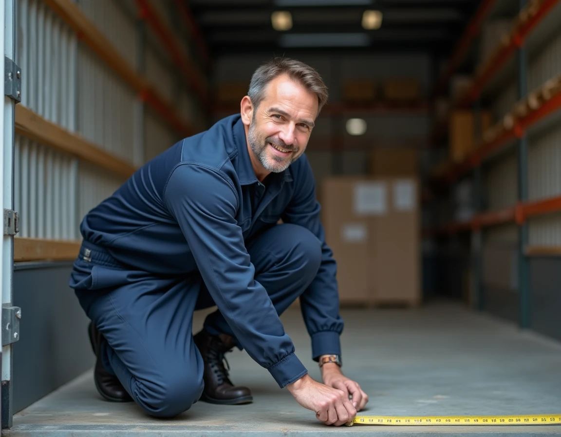 Déménageur professionnel mesurant l'intérieur d'un camion 15m3 dans un entrepôt pour vérifier les dimensions