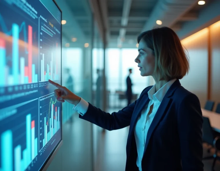 Femme dirigeante présentant des indicateurs de performance sur un écran numérique dans une salle de réunion moderne