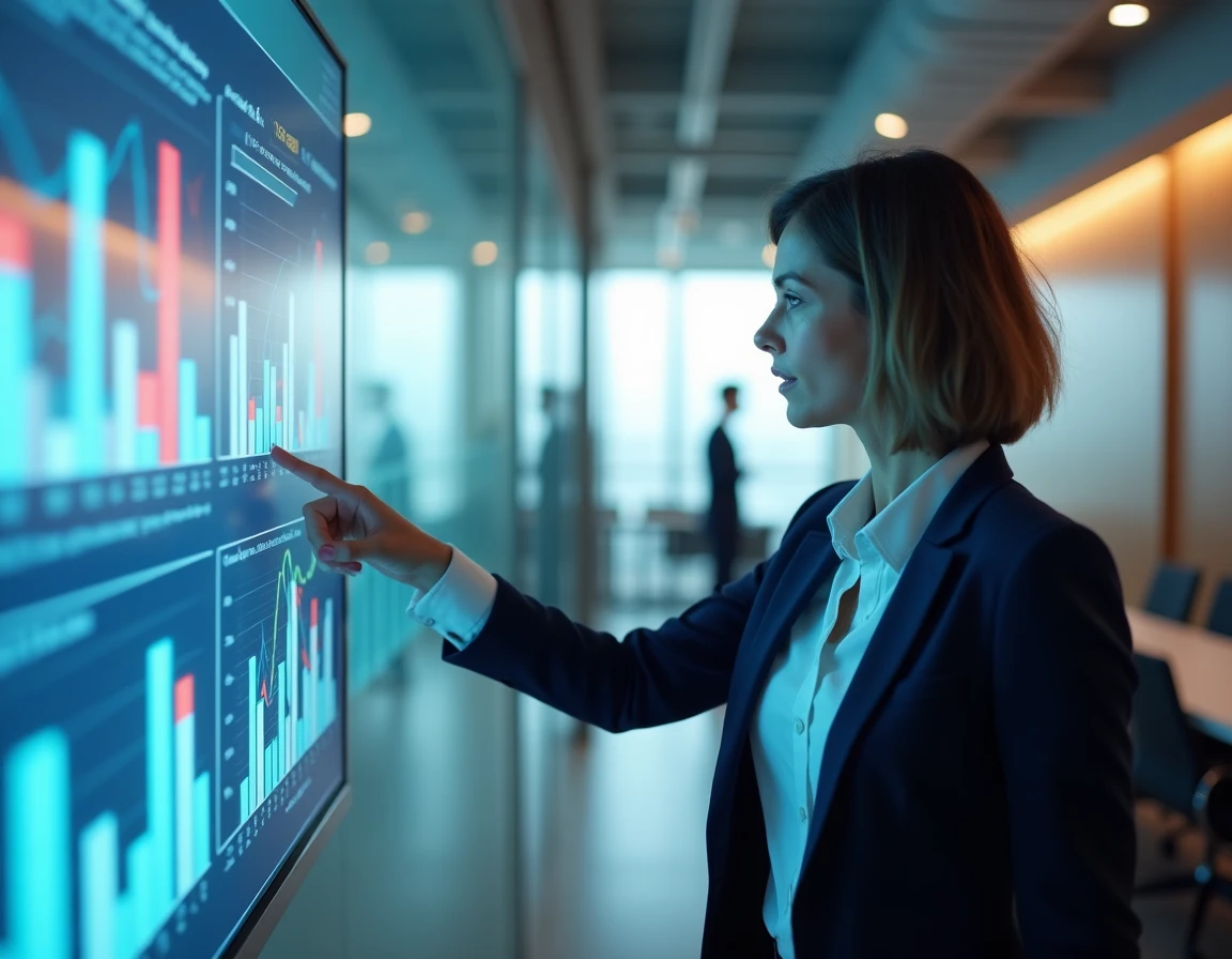Femme dirigeante présentant des indicateurs de performance sur un écran numérique dans une salle de réunion moderne