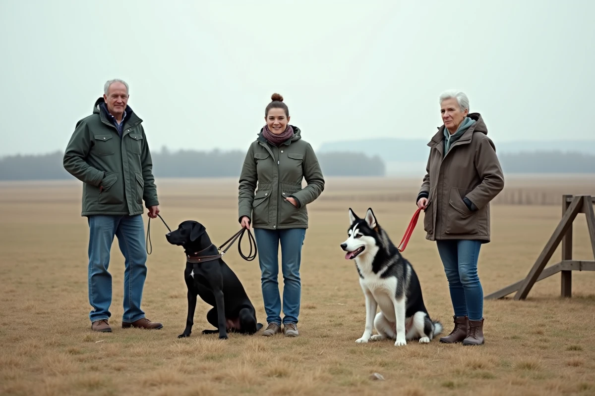 Groupe de propriétaires de chiens lors d'une séance de dressage en plein air avec labrador, beagle et husky