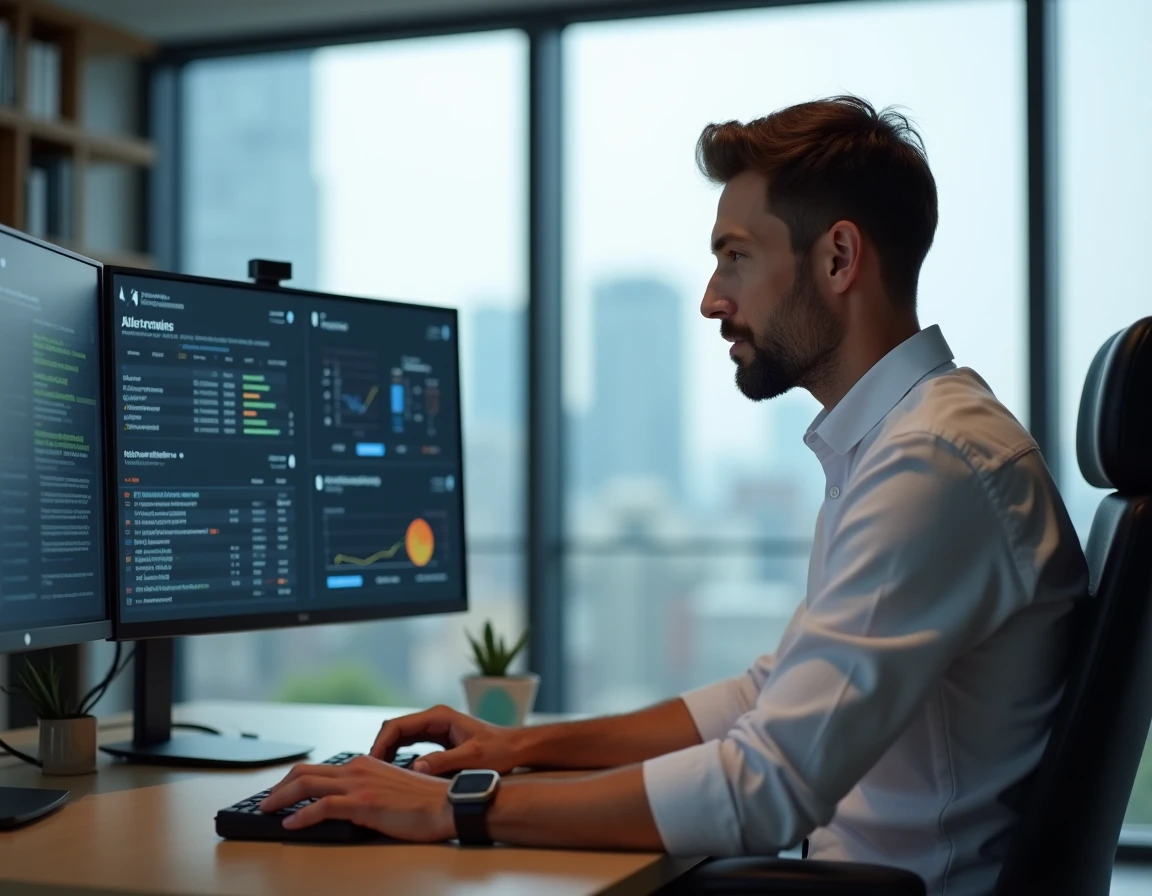 Entrepreneur analysant des tableaux de bord analytiques sur plusieurs écrans pour optimiser les performances de son entreprise