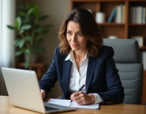 Entrepreneuse rédigeant sa description personnelle dans un bureau moderne et professionnel
