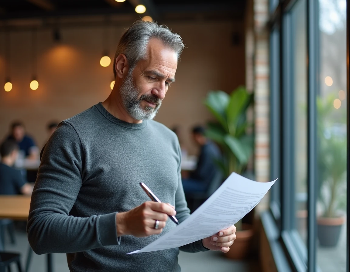 Entrepreneur masculin révisant sa biographie professionnelle dans un espace de coworking