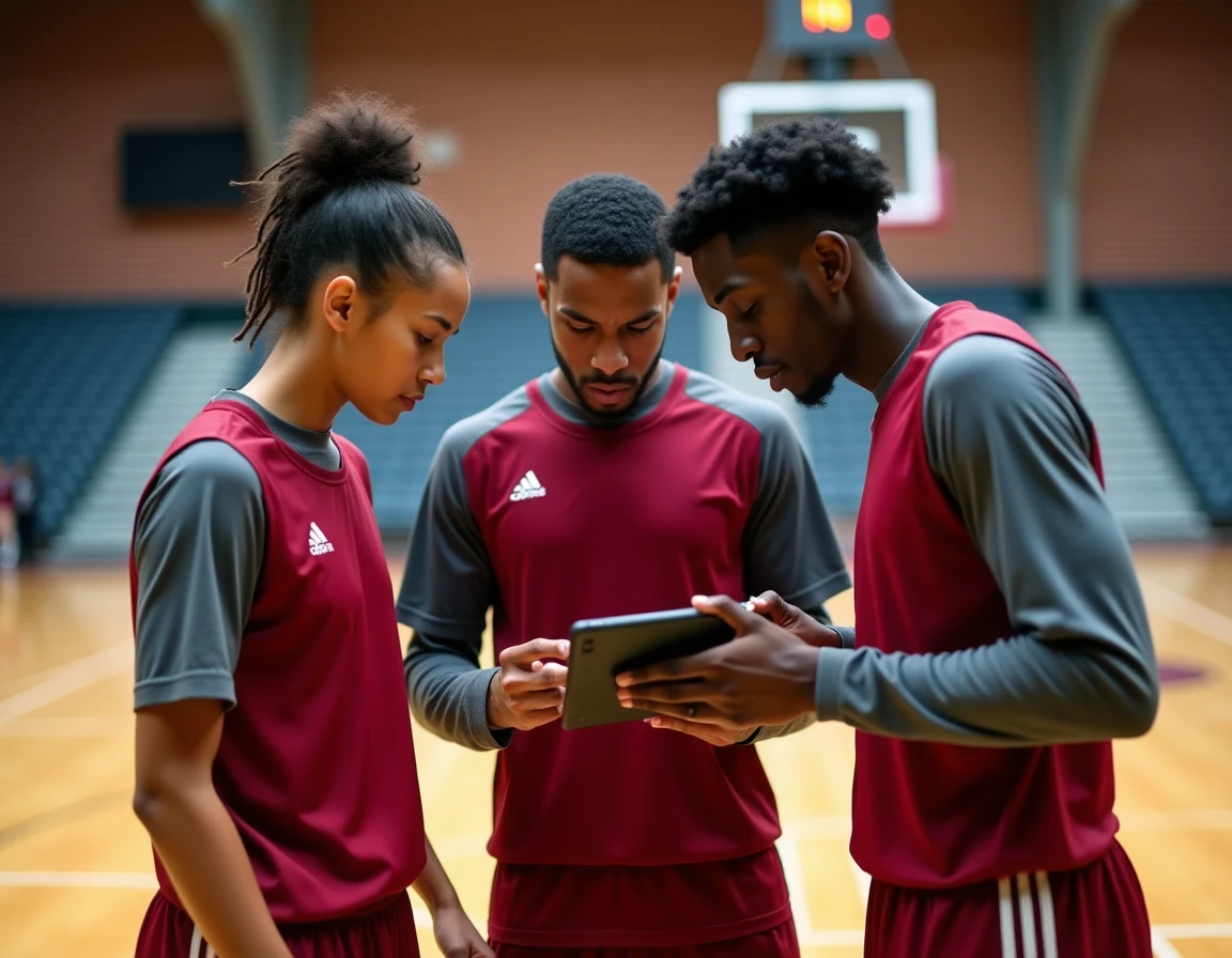 Groupe de basketteurs en équipe consultant une tablette tactique sur un terrain de basketball pendant la saison