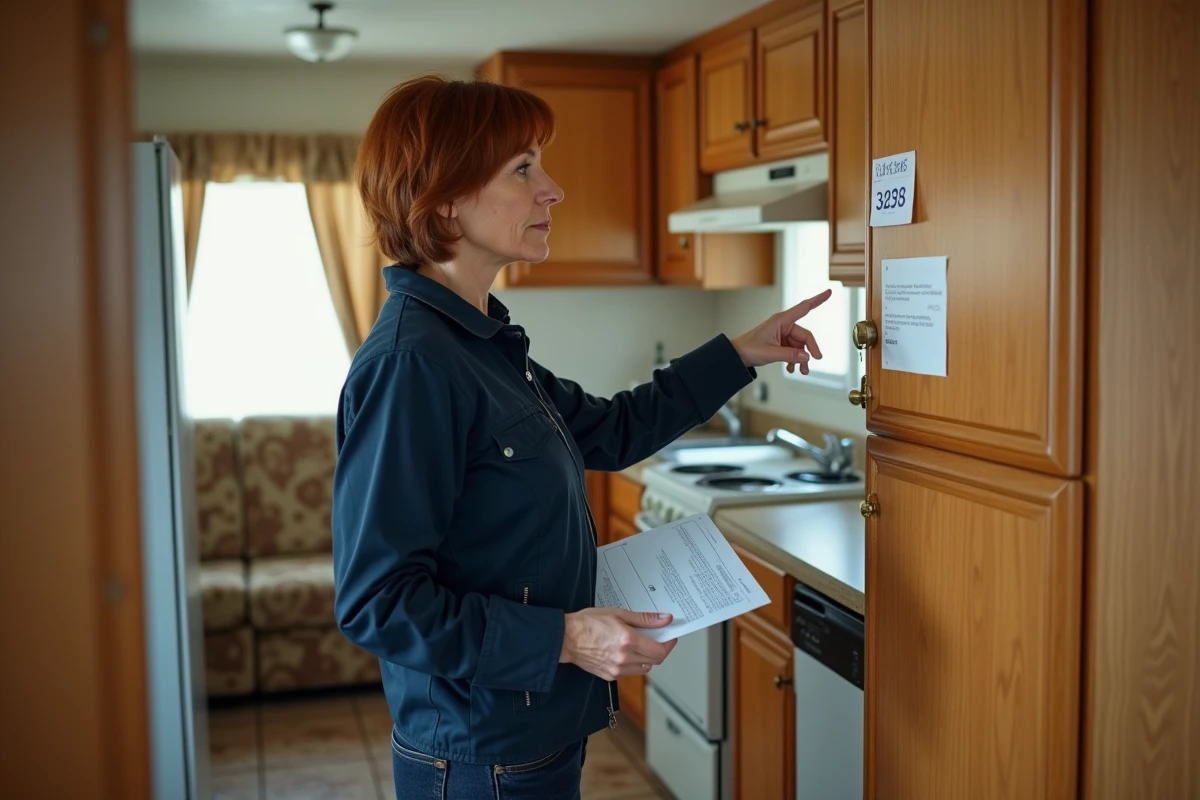 Femme inspectant l'étiquette de conformité à l'intérieur d'un mobil-home pour identifier son année de construction