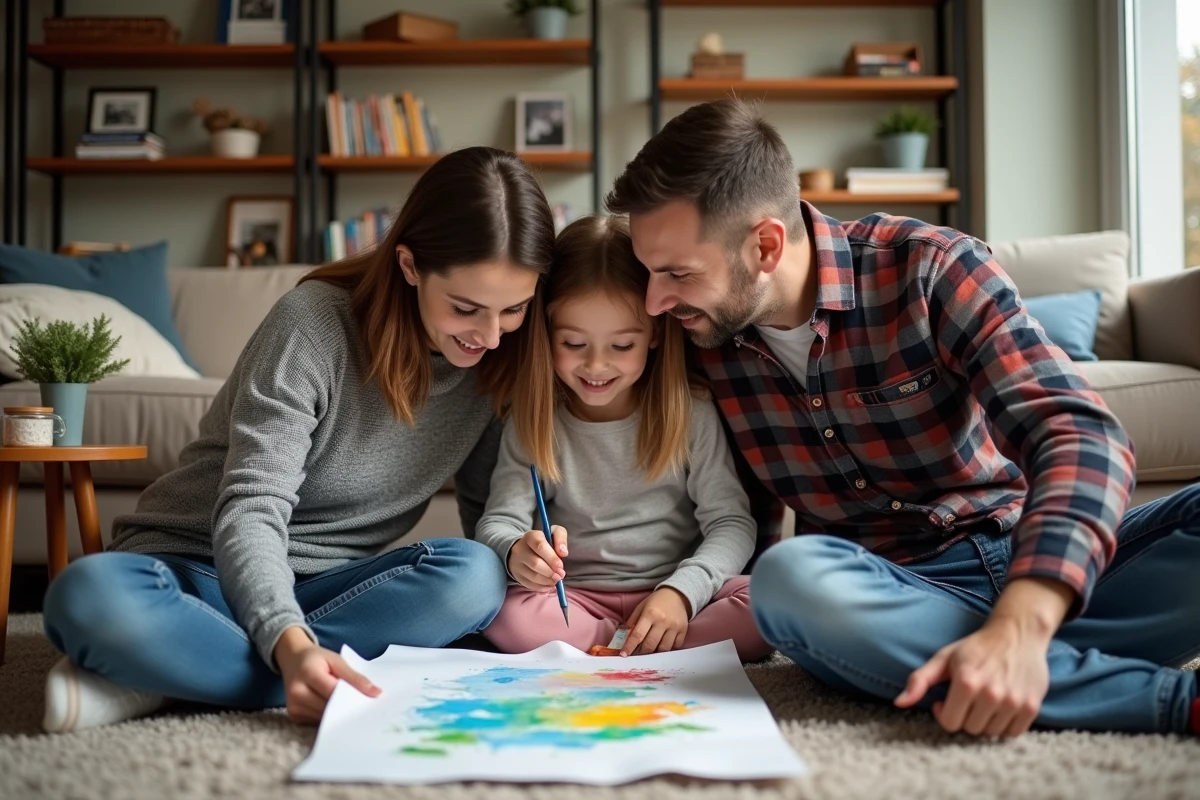 Parents admirant le dessin peint par leur fille dans un salon familial cosy et décoré