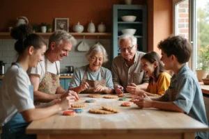 Famille multigénérationnelle qui décore des biscuits maison ensemble dans une cuisine chaleureuse