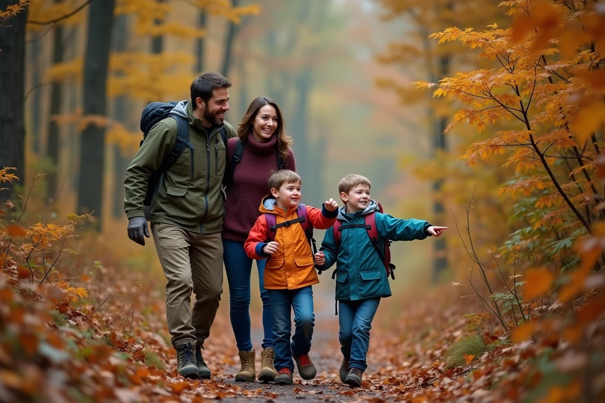 Famille en randonnée dans une forêt automnale, enfants et parents qui découvrent la nature ensemble