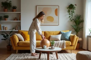 Femme stylée arrangeant des coussins sur un canapé moderne