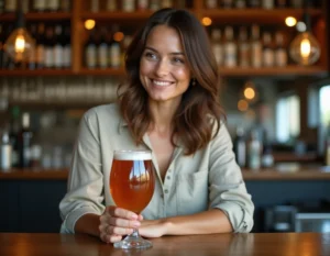 Femme dégustant une bière artisanale sans sulfites dans un bar rustique en bois