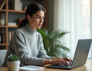 Femme gérant son budget bancaire sur ordinateur portable dans un bureau à domicile moderne