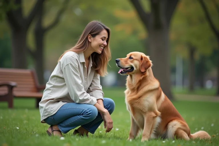 Femme agenouillée dans un parc avec son golden retriever attentif, illustration du lien entre maître et chien