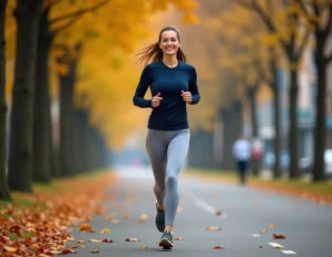 Femme en tenue de sport faisant du jogging en ville en automne, illustrant les bienfaits du sport sur le bien-être physique et mental