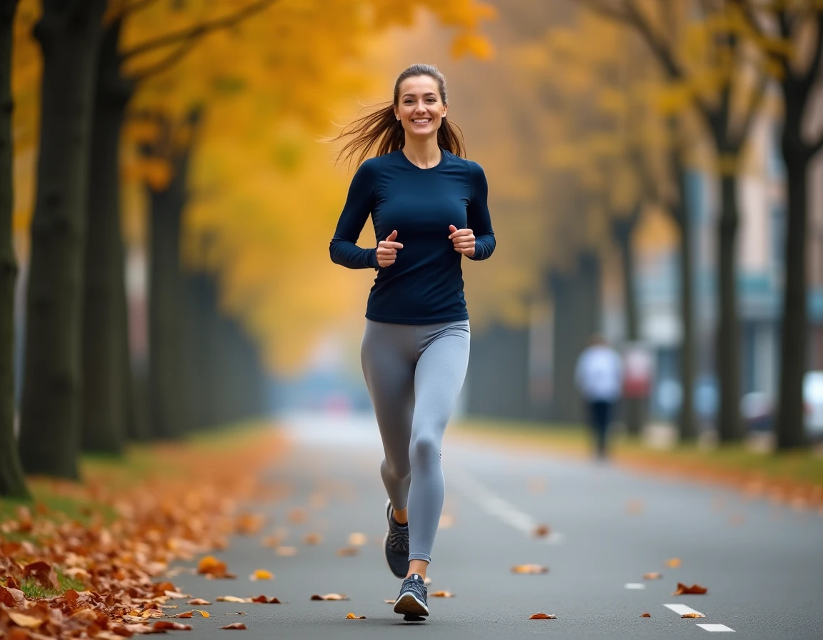 Femme en tenue de sport faisant du jogging en ville en automne, illustrant les bienfaits du sport sur le bien-être physique et mental