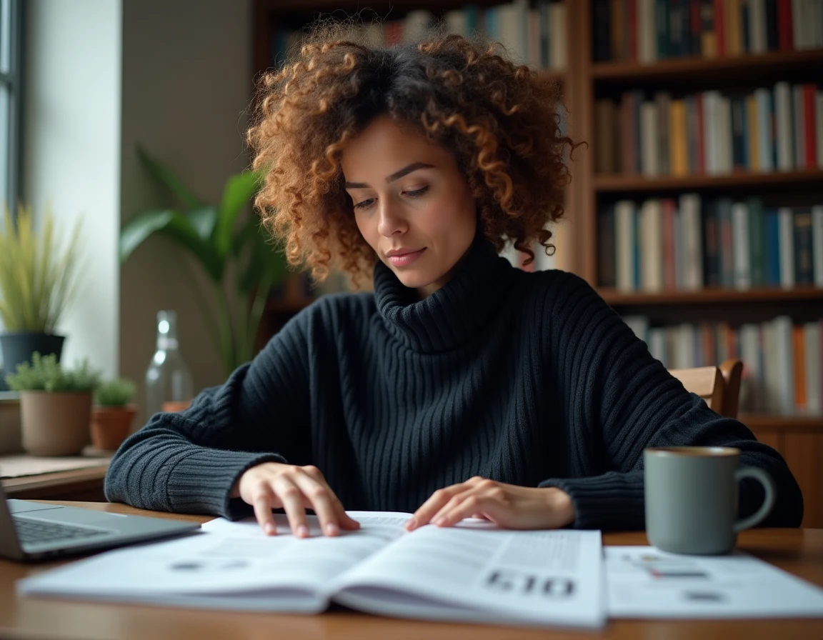 Femme lisant des articles scientifiques et sceptiques à son bureau à domicile