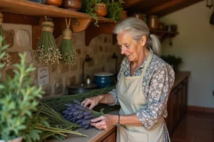Femme âgée récoltant des plantes médicinales séchées dans une cuisine provençale en pierre aux traditions ancestrales françaises