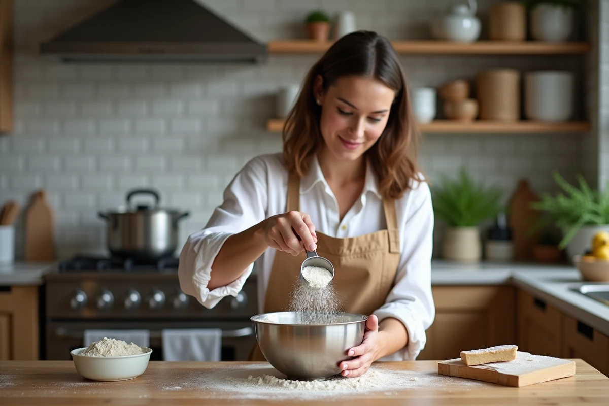 Femme versant de la farine dans un bol en cuisine moderne
