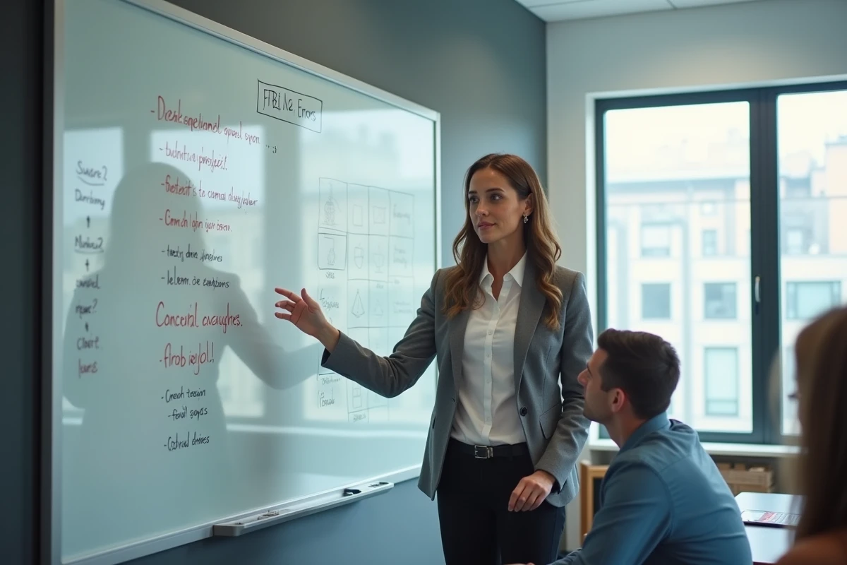 Femme professionnelle expliquant des erreurs sur un whiteboard