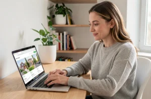 Femme cherchant des annonces immobilières en ligne sur un ordinateur portable dans un bureau moderne