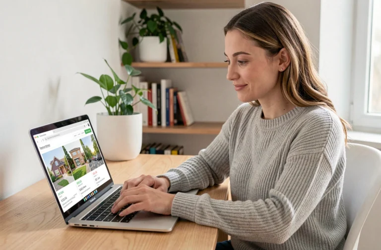 Femme cherchant des annonces immobilières en ligne sur un ordinateur portable dans un bureau moderne