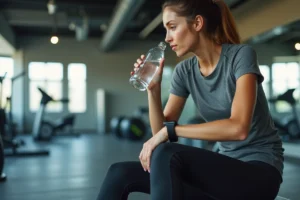Jeune femme sportive buvant de l'eau en salle de sport