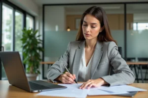 Femme en bureau examinant des documents immobiliers